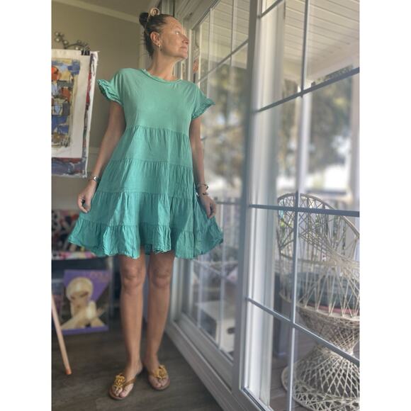 Made in Italy Green Linen Blend Tiered Shift Mini Dress M - Picture 2 of 5